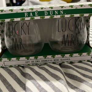 Rae Dunn Green Lucky Mr. and Mrs. Wine Glass Set